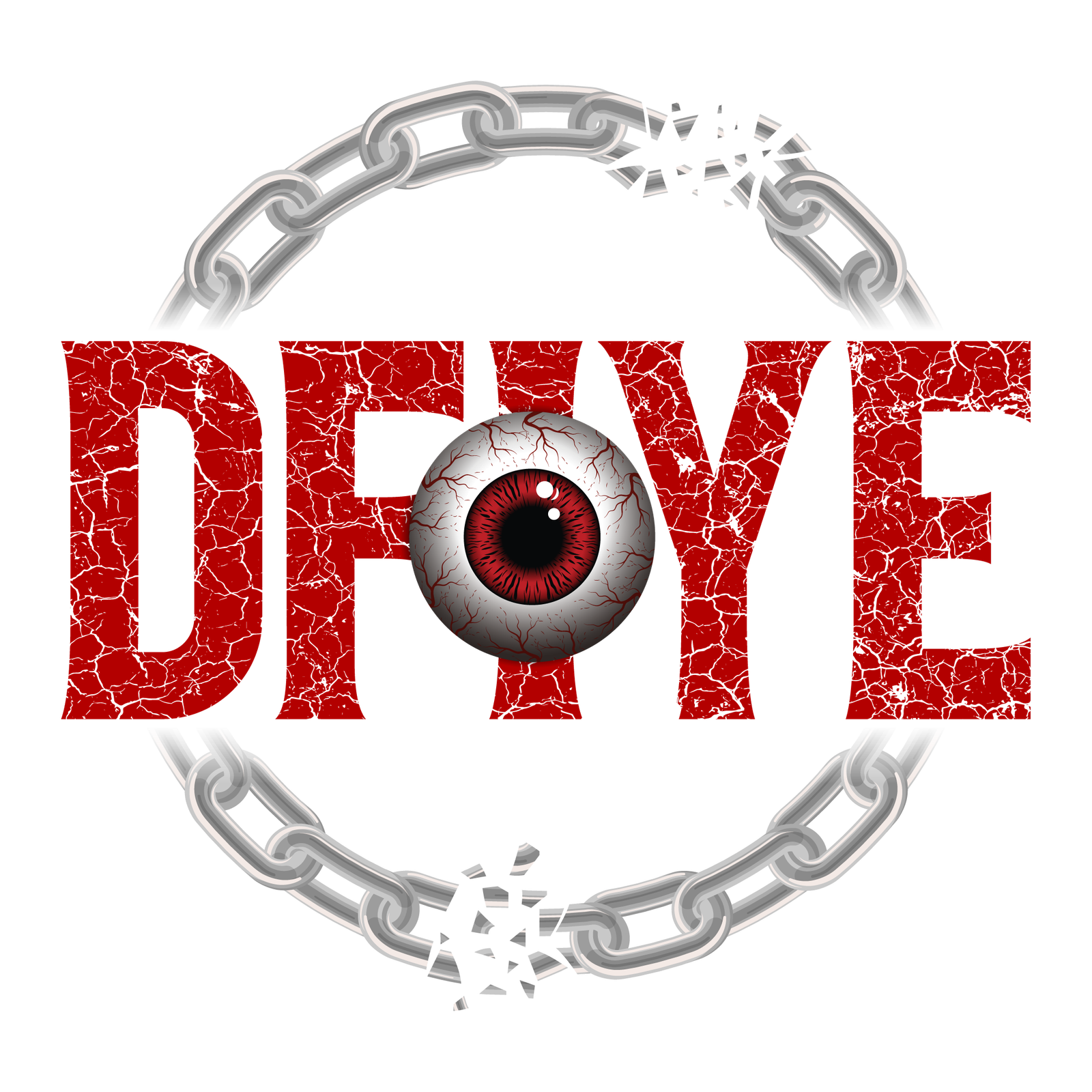 DFIYE logo: the word DFIYE in cracked red letters with a red eyeball as the I, encircled by a breaking silver chain on a black background.