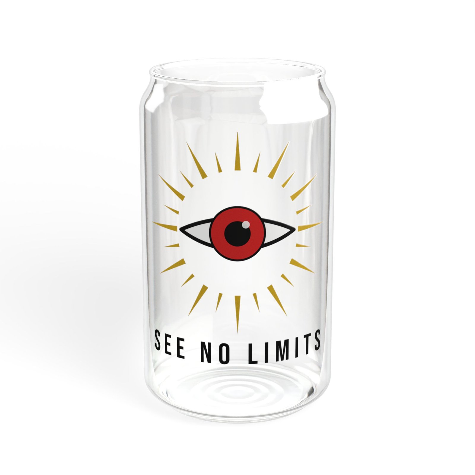 DFIYE Golden Hour glass: clear glass can printed with the DFIYE eye at the center of a full blazing gold sunburst, SEE NO LIMITS below. (view 5)