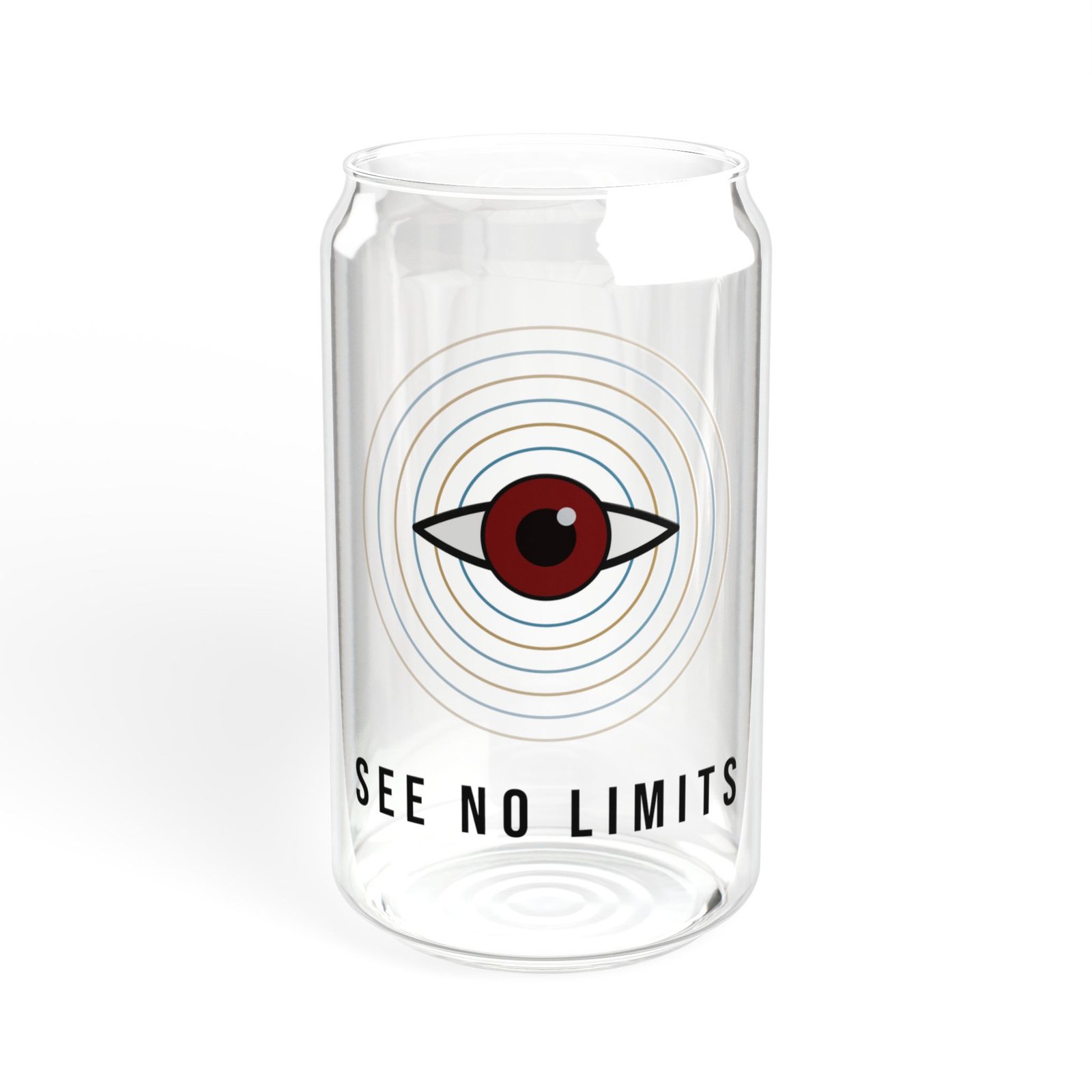 DFIYE Dawn Water glass: a clear can-shape glass with bamboo lid and straw, printed with the DFIYE eye ringed by blue and gold water ripples, SEE NO LIMITS below. (view 5)