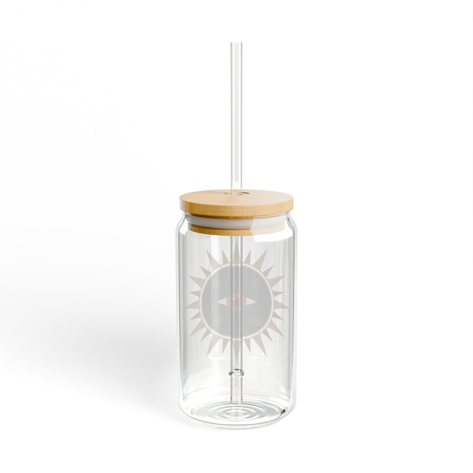 DFIYE Sol glass: clear glass can printed with the full Sol de Jayuya seal medallion in gold, red and black. (view 4)