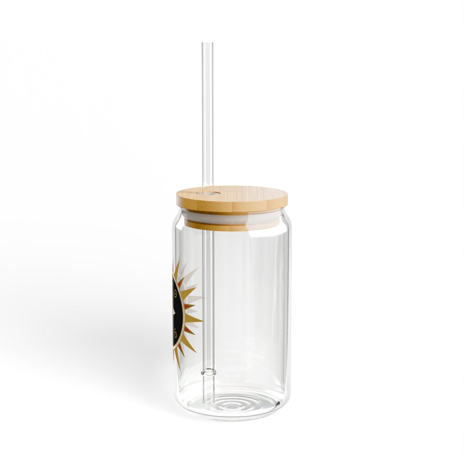 DFIYE Sol glass: clear glass can printed with the full Sol de Jayuya seal medallion in gold, red and black. (view 3)