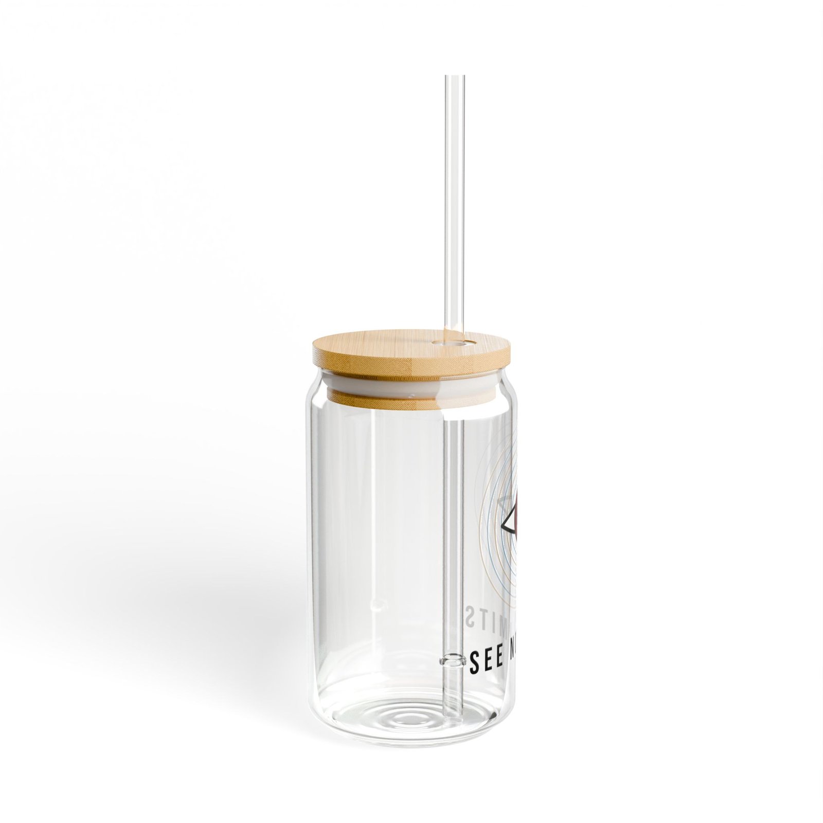 DFIYE Dawn Water glass: a clear can-shape glass with bamboo lid and straw, printed with the DFIYE eye ringed by blue and gold water ripples, SEE NO LIMITS below. (view 2)