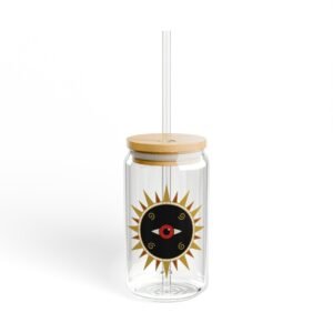 DFIYE Sol glass: clear glass can printed with the full Sol de Jayuya seal medallion in gold, red and black. (view 1)