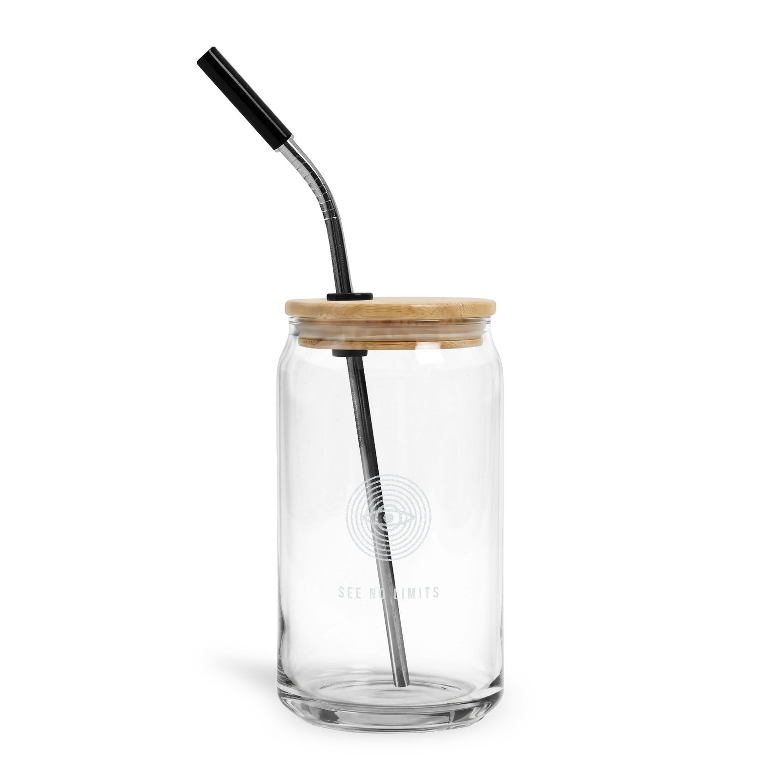 DFIYE Dusk Stone carved glass: the DFIYE eye and water rings engraved into a clear glass can, subtle until filled with a dark drink. (view 1)