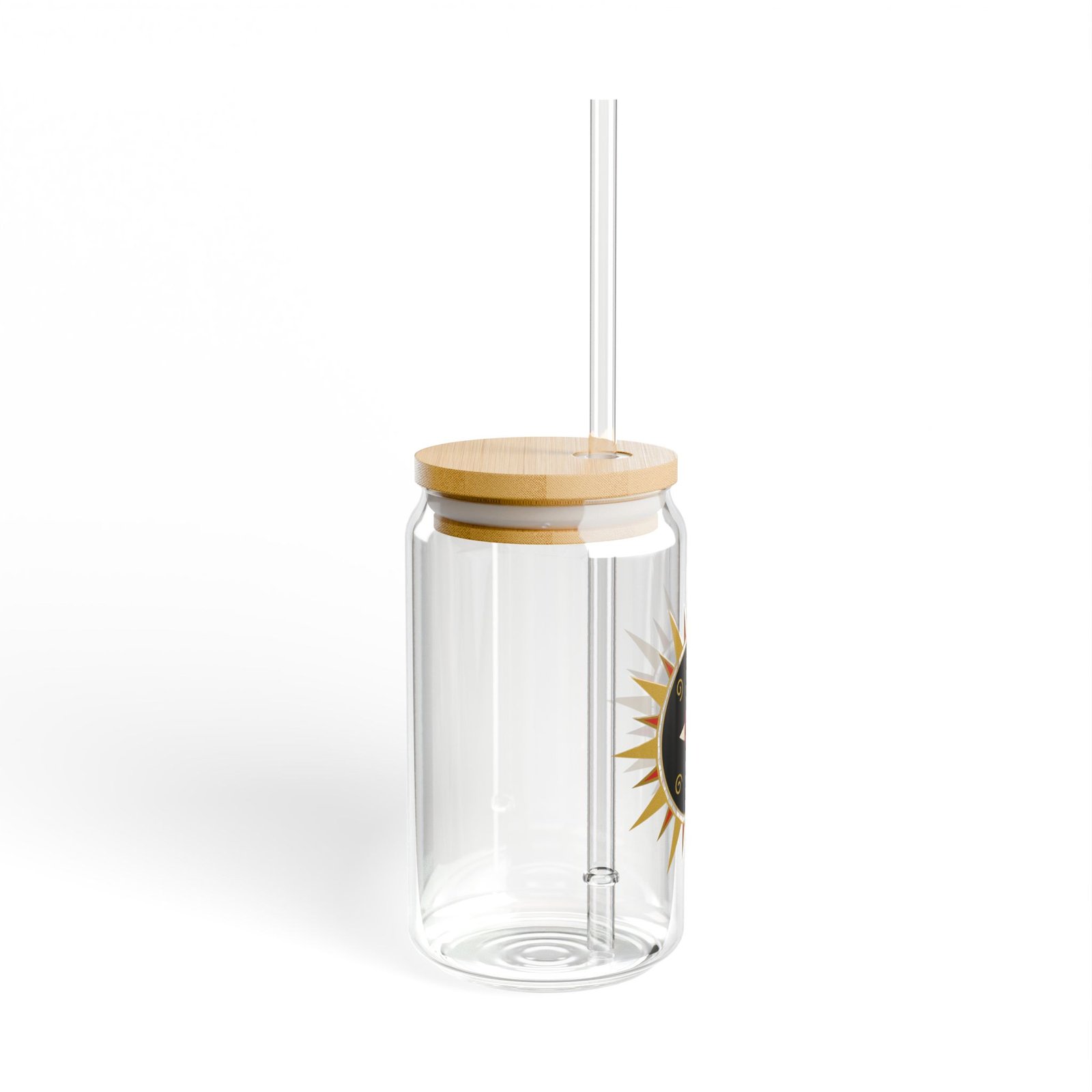 DFIYE Sol glass: clear glass can printed with the full Sol de Jayuya seal medallion in gold, red and black. (view 2)