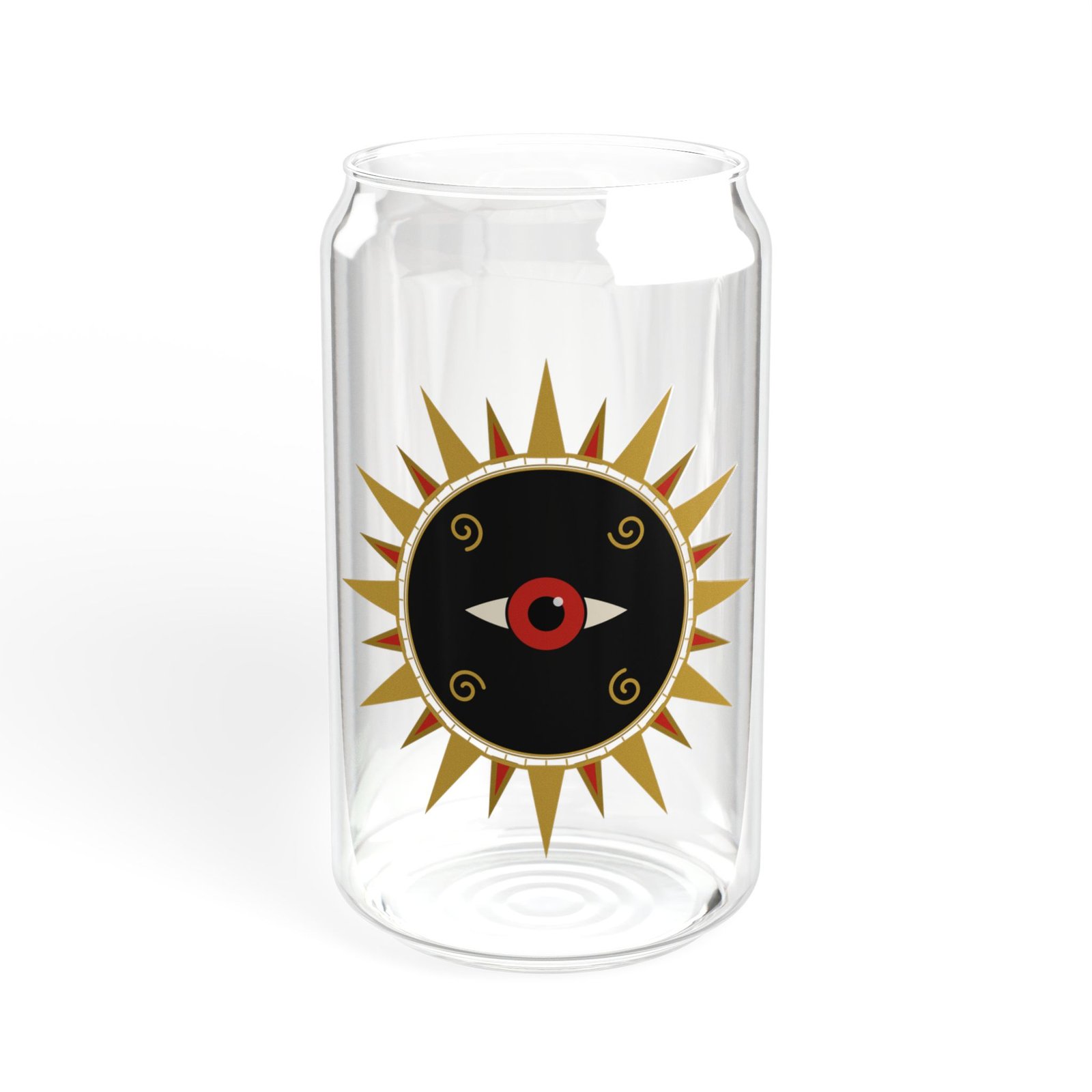 DFIYE Sol glass: clear glass can printed with the full Sol de Jayuya seal medallion in gold, red and black. (view 5)