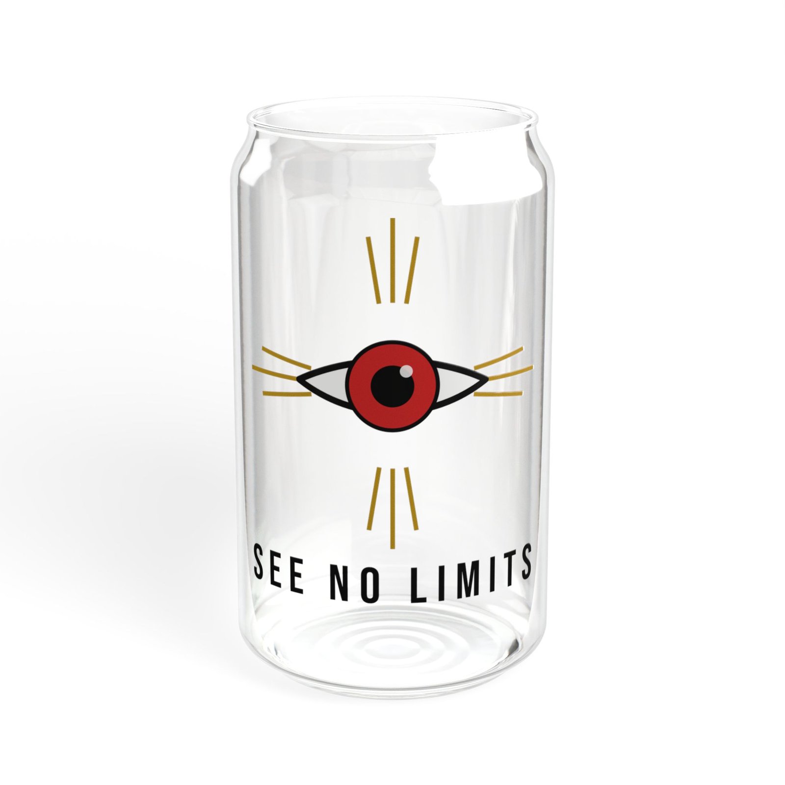 DFIYE Gold Rush glass: clear can-shape glass printed with the DFIYE eye and sharp gold sun-rays firing four directions, SEE NO LIMITS below. (view 5)