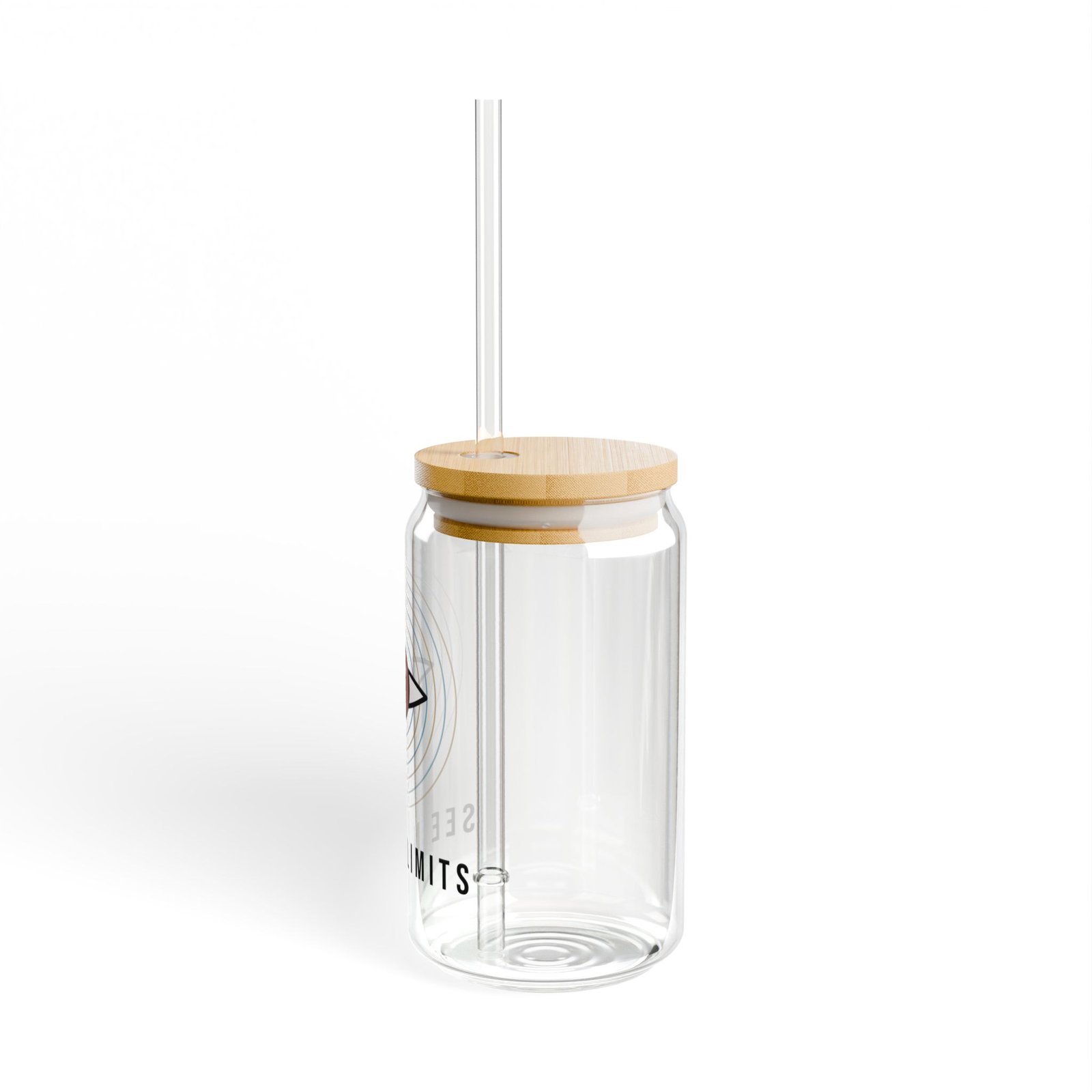 DFIYE Dawn Water glass: a clear can-shape glass with bamboo lid and straw, printed with the DFIYE eye ringed by blue and gold water ripples, SEE NO LIMITS below. (view 3)