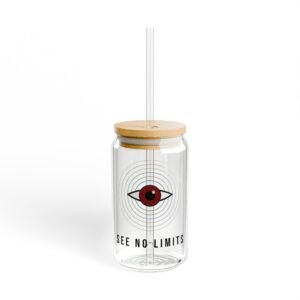 DFIYE Dawn Water glass: a clear can-shape glass with bamboo lid and straw, printed with the DFIYE eye ringed by blue and gold water ripples, SEE NO LIMITS below. (view 1)
