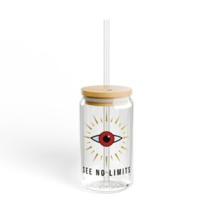 DFIYE Golden Hour glass: clear glass can printed with the DFIYE eye at the center of a full blazing gold sunburst, SEE NO LIMITS below. (view 1)