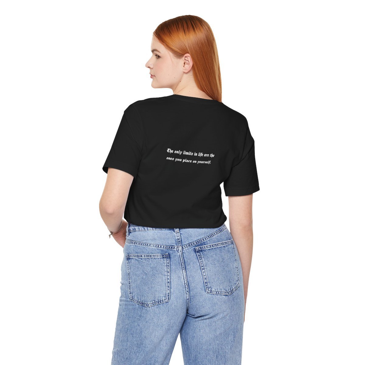 Back view of a person wearing the black DFIYE 'Limitless' Braille Signature Edition tee.