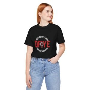 Person wearing the black DFIYE 'Limitless' Braille Signature Edition tee, front view -- the DFIYE design with the Limitless wordmark and braille.