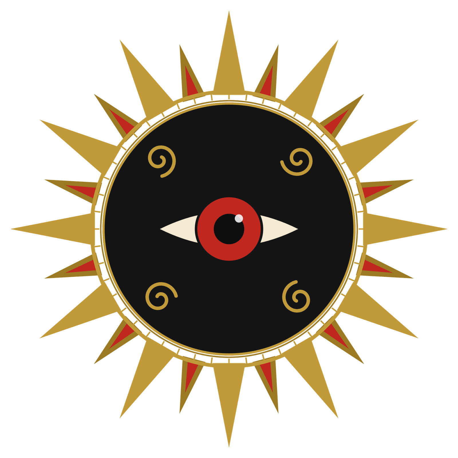 The Witness: the DFIYE sun in gold on black, rays spiraling out from a single watching Eye at its center.