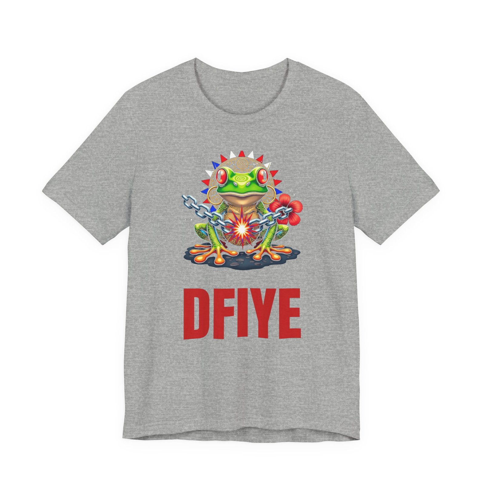 DFIYE Boricua - Lone Star Rebel - product photo. Front: a green Puerto Rican coqui with red eyes and gold Taino markings in front of a gold Taino sun with red, white and blue flag-colored spikes, breaking a chain in a red spark, red hibiscus beside it, and the red DFIYE wordmark below. Back: a full-color Puerto Rican flag on the back. Black or Heather Grey unisex tee.