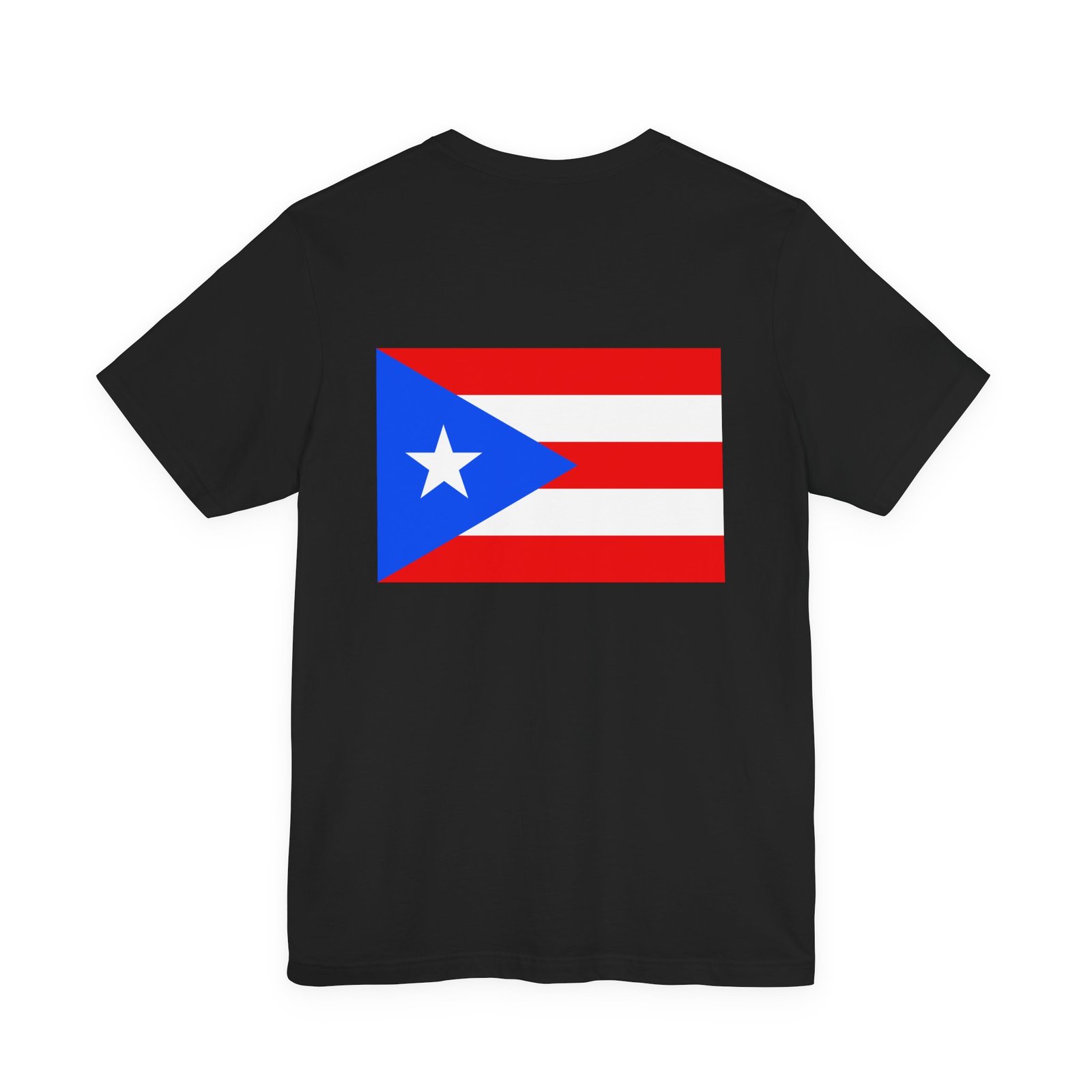 DFIYE Boricua - Lone Star Rebel - product photo. Front: a green Puerto Rican coqui with red eyes and gold Taino markings in front of a gold Taino sun with red, white and blue flag-colored spikes, breaking a chain in a red spark, red hibiscus beside it, and the red DFIYE wordmark below. Back: a full-color Puerto Rican flag on the back. Black or Heather Grey unisex tee.