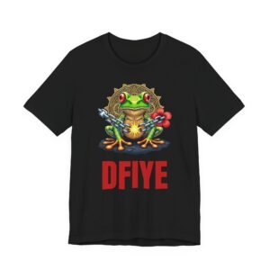 Black DFIYE Boricua t-shirt. On the front, a green Puerto Rican coqui with red eyes on a large gold Sol de Jayuya Taino sun disk, breaking a chain in a bright starburst, a red hibiscus, and the red DFIYE wordmark below.