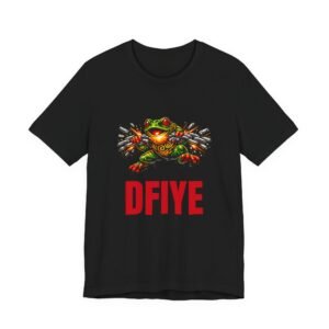 Black or Heather Grey DFIYE Boricua t-shirt. On the front, a green Puerto Rican coqui leaping forward and snapping a heavy silver chain in a burst of sparks, with the red DFIYE wordmark below.