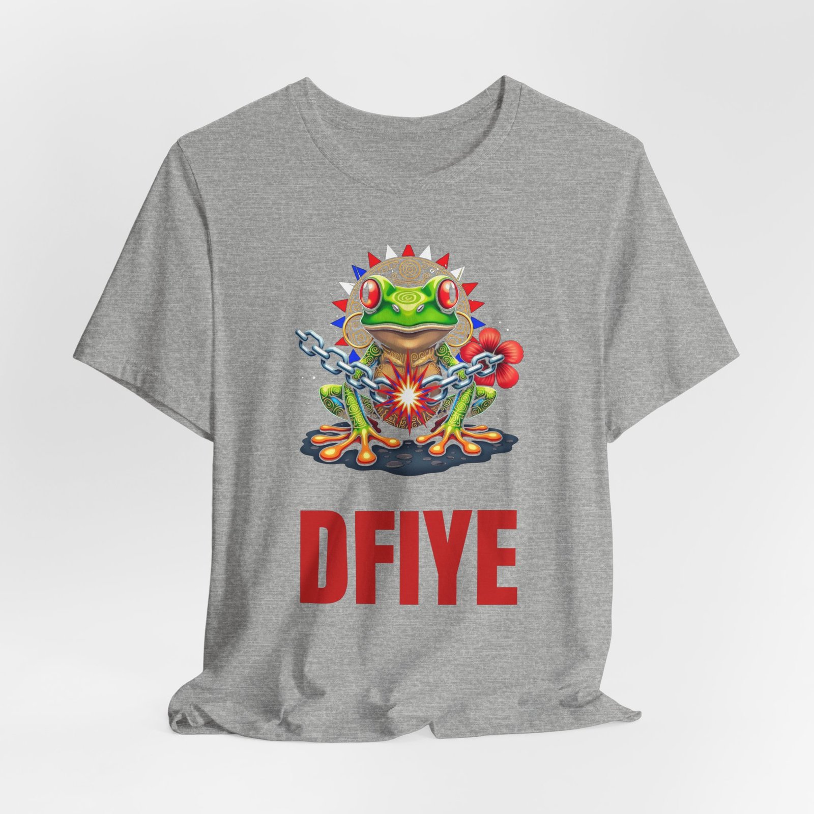 DFIYE Boricua - Lone Star Rebel - product photo. Front: a green Puerto Rican coqui with red eyes and gold Taino markings in front of a gold Taino sun with red, white and blue flag-colored spikes, breaking a chain in a red spark, red hibiscus beside it, and the red DFIYE wordmark below. Back: a full-color Puerto Rican flag on the back. Black or Heather Grey unisex tee.