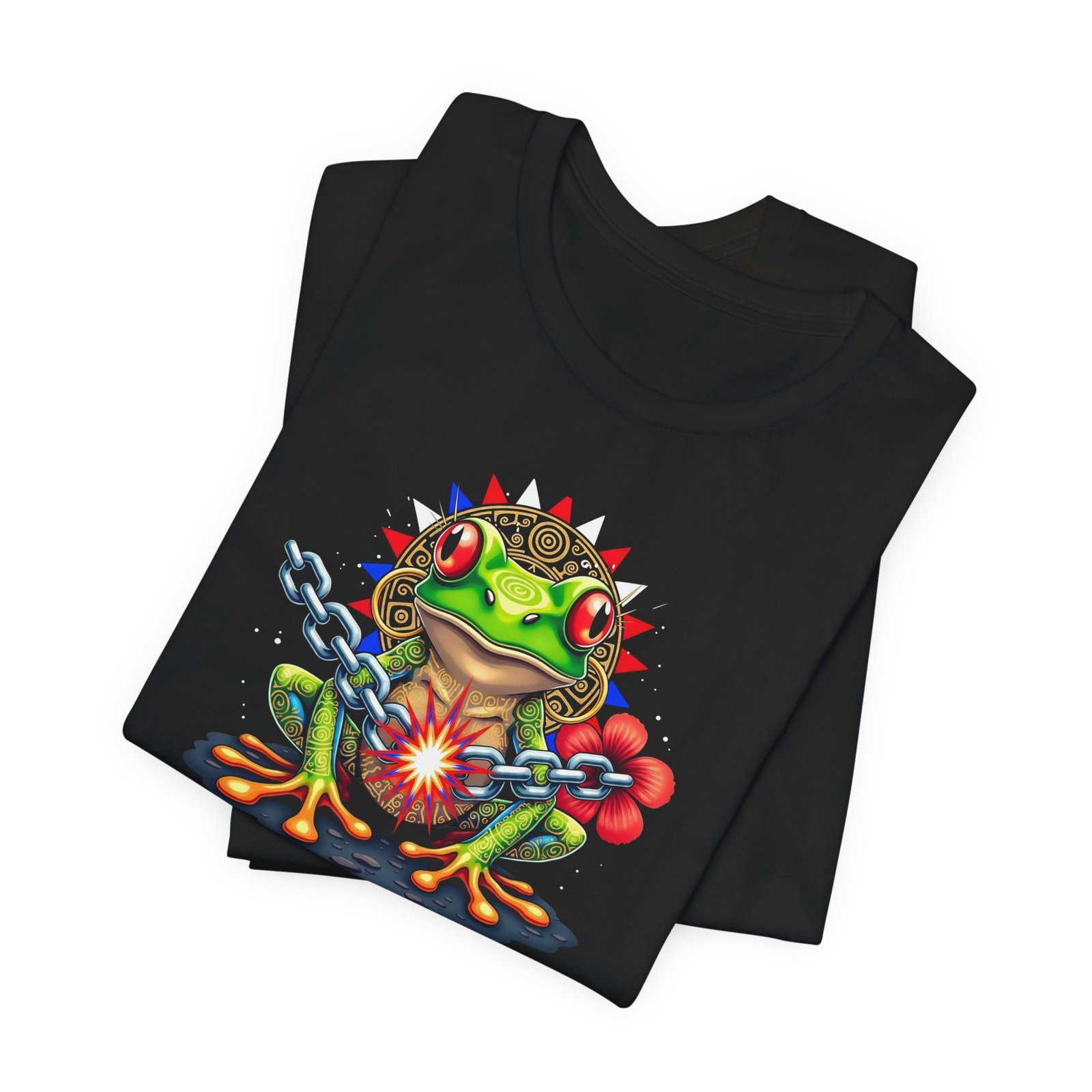 DFIYE Boricua - Lone Star Rebel - product photo. Front: a green Puerto Rican coqui with red eyes and gold Taino markings in front of a gold Taino sun with red, white and blue flag-colored spikes, breaking a chain in a red spark, red hibiscus beside it, and the red DFIYE wordmark below. Back: a full-color Puerto Rican flag on the back. Black or Heather Grey unisex tee.