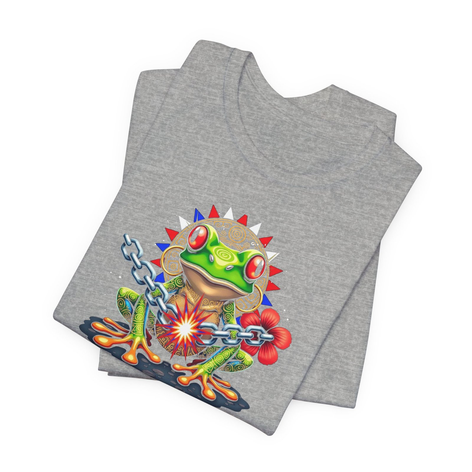 DFIYE Boricua - Lone Star Rebel - product photo. Front: a green Puerto Rican coqui with red eyes and gold Taino markings in front of a gold Taino sun with red, white and blue flag-colored spikes, breaking a chain in a red spark, red hibiscus beside it, and the red DFIYE wordmark below. Back: a full-color Puerto Rican flag on the back. Black or Heather Grey unisex tee.