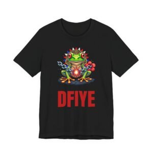 Black DFIYE Boricua t-shirt. On the front, a green Puerto Rican coqui with red eyes and gold Taino markings in front of a gold Taino sun with red, white and blue flag-colored spikes, breaking a chain in a red spark, red hibiscus beside it, and the red DFIYE wordmark below.