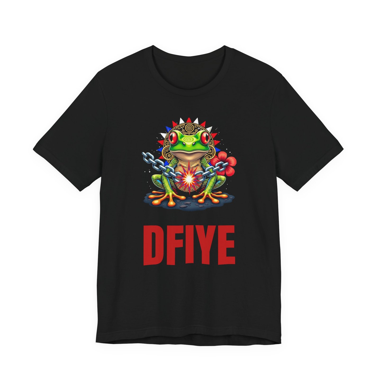 Black or Heather Grey DFIYE Boricua t-shirt. On the front, a green Puerto Rican coqui with red eyes and gold Taino markings in front of a gold Taino sun with red, white and blue flag-colored spikes, breaking a chain in a red spark, red hibiscus beside it, and the red DFIYE wordmark below.