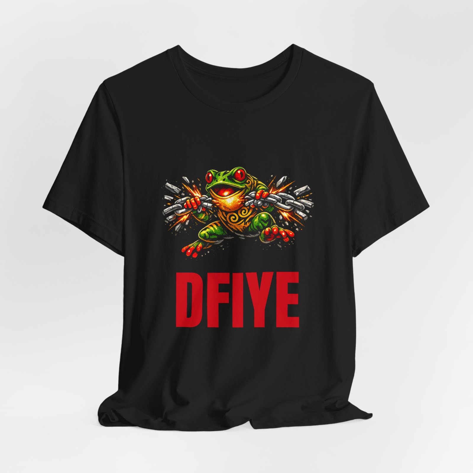 DFIYE Boricua - Leap of Defiance - product photo. Front: a green Puerto Rican coqui leaping forward and snapping a heavy silver chain in a burst of sparks, with the red DFIYE wordmark below. Back: a coqui breaking a chain over a stone wall with a gold Taino sun, a white star and blue lightning on the back. Black unisex tee.