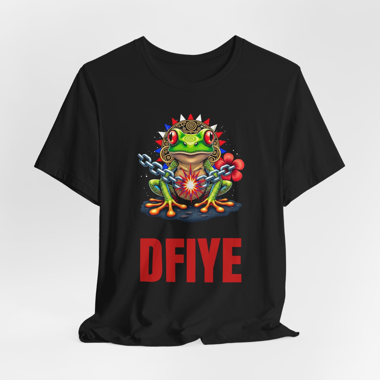 DFIYE Boricua - Lone Star Rebel - product photo. Front: a green Puerto Rican coqui with red eyes and gold Taino markings in front of a gold Taino sun with red, white and blue flag-colored spikes, breaking a chain in a red spark, red hibiscus beside it, and the red DFIYE wordmark below. Back: a full-color Puerto Rican flag on the back. Black or Heather Grey unisex tee.