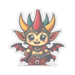 DFIYE El Vejigante - a chibi carnival figure in a colorful horned mask, red cape, breaking a chain, with the DFIYE chained-eye logo. die-cut vinyl sticker.