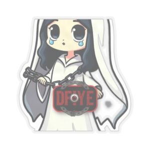 DFIYE La Llorona - the weeping ghost woman in a white dress with tears, breaking a chain, with a DFIYE badge. die-cut vinyl sticker.