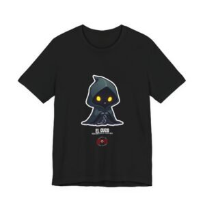 DFIYE El Cuco - a dark hooded boogeyman with glowing yellow eyes, breaking a chain, with the DFIYE logo. black tee.
