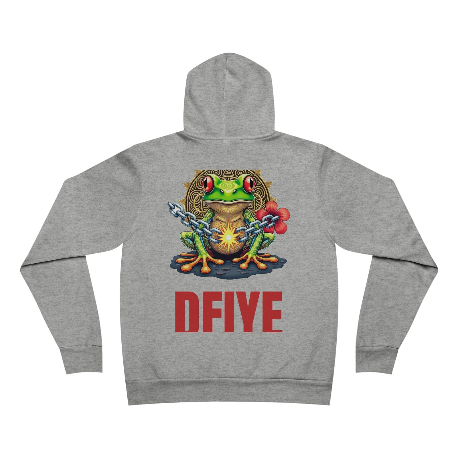 DFIYE Boricua Sol de Borinquen Hoodie: logo on the chest; back shows a coqui on a gold Taino sun breaking a chain with DFIYE.