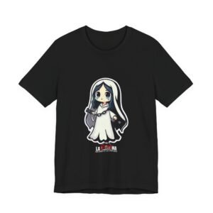 DFIYE La Llorona - the weeping ghost woman in a white dress with tears, breaking a chain, with a DFIYE badge. black tee.