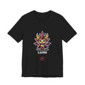 DFIYE El Vejigante, a chibi carnival figure in a colorful horned mask and red cape breaking a chain, with the DFIYE chained-eye logo black tee.
