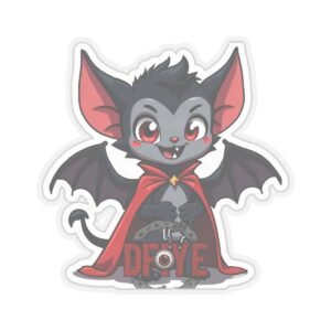 DFIYE El Vampiro de Moca - a cute caped vampire bat with fangs, breaking a chain, with the DFIYE logo. die-cut vinyl sticker.