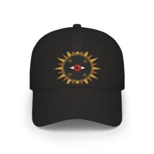 DFIYE Sol de Jayuya Cap: solid black cap embroidered with the gold Taino Sol de Jayuya sun with a red eye at its center.