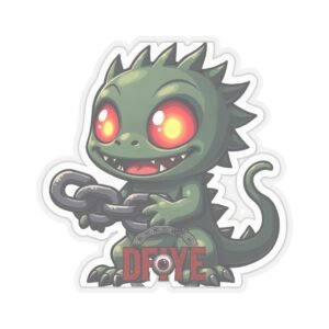 DFIYE El Chupacabra - a cute green scaly cryptid with glowing red eyes, spikes and fangs, breaking a chain, with the DFIYE logo. die-cut vinyl sticker.