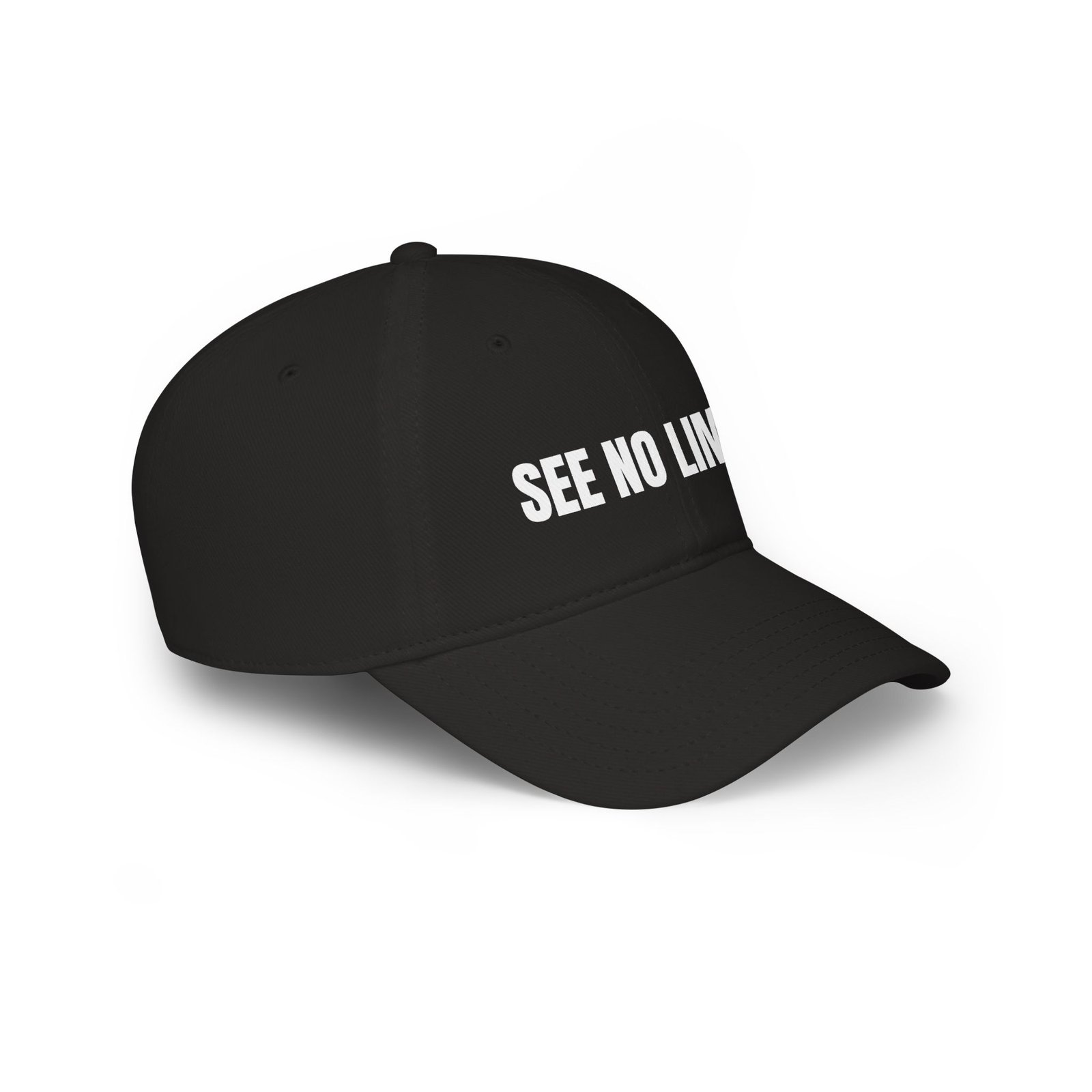 DFIYE See No Limits Cap: solid black cap embroidered with SEE NO LIMITS in bold white.