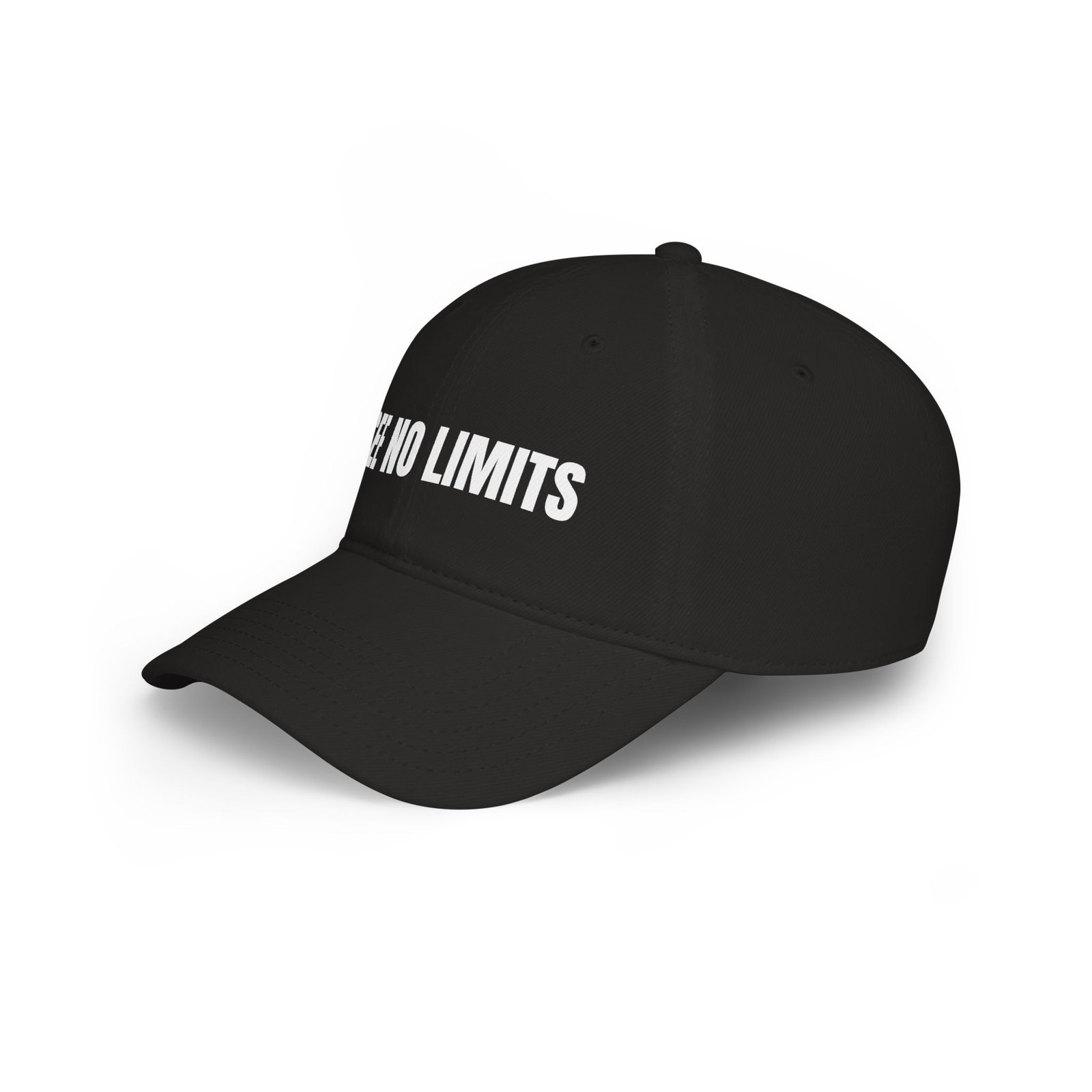 DFIYE See No Limits Cap: solid black cap embroidered with SEE NO LIMITS in bold white.