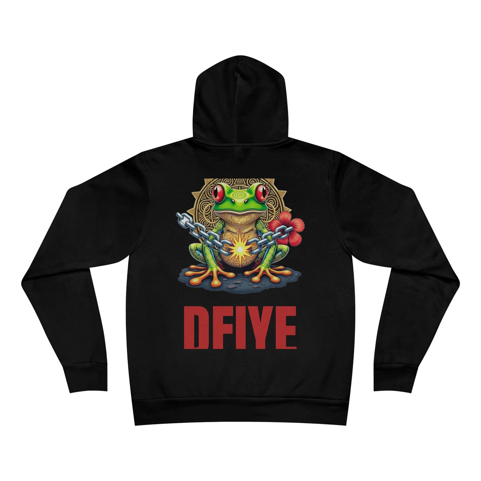 DFIYE Boricua Sol de Borinquen Hoodie: logo on the chest; back shows a coqui on a gold Taino sun breaking a chain with DFIYE.