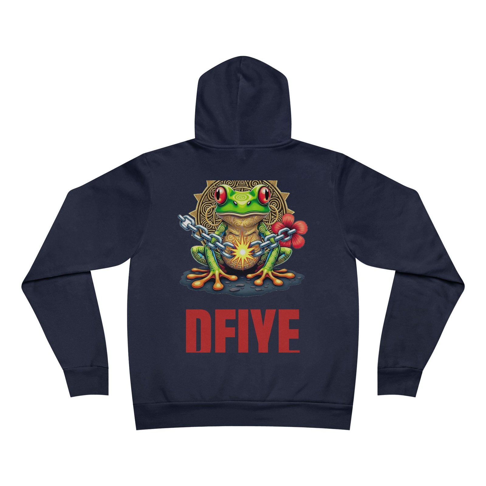 DFIYE Boricua Sol de Borinquen Hoodie: logo on the chest; back shows a coqui on a gold Taino sun breaking a chain with DFIYE.