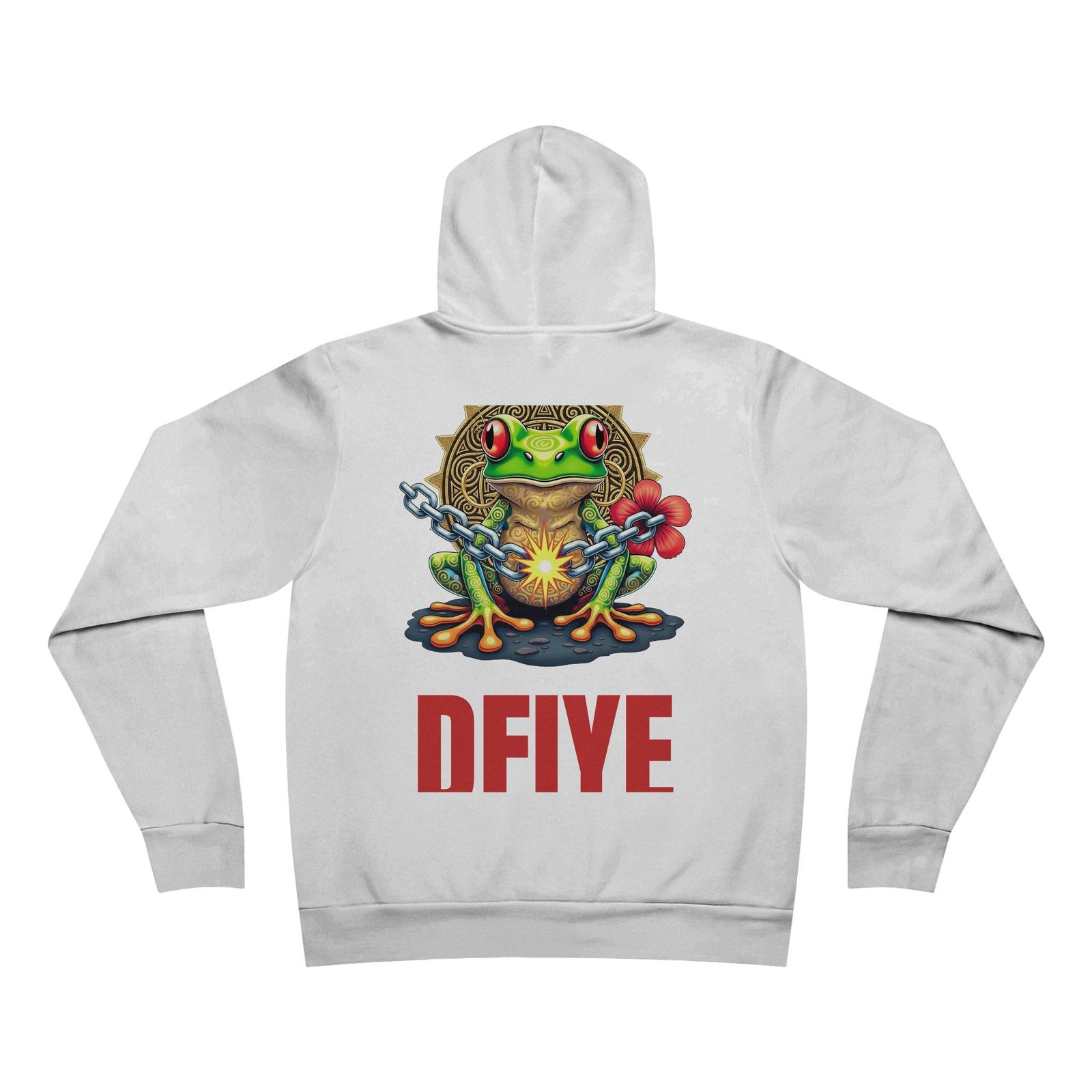 DFIYE Boricua Sol de Borinquen Hoodie: logo on the chest; back shows a coqui on a gold Taino sun breaking a chain with DFIYE.