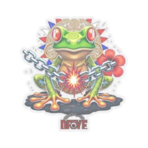 DFIYE Coqui Tricolor sticker: a green coqui frog in Puerto Rican flag colors breaking a chain, the DFIYE chained-eye logo beneath. Die-cut vinyl.