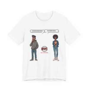DFIYE vote tee. Two cartoon characters, Deuce in a grey hoodie and Sage in a denim jacket, with comic speech bubbles reading 'You think voting changes something?' and 'Nah. If you don't, they will.' The DFIYE chained-eye logo and 'Don't get comfortable' between them.