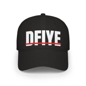 DFIYE Wordmark Cap: solid black cap embroidered with DFIYE in bold white with a red underline.