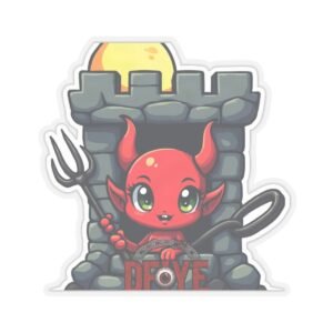 DFIYE La Garita del Diablo - a little red devil in El Morro's stone sentry box under a full moon, with the DFIYE logo. die-cut vinyl sticker.