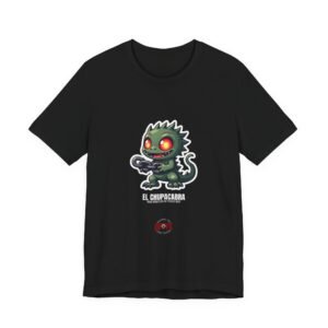 DFIYE El Chupacabra - a cute green scaly cryptid with glowing red eyes, spikes and fangs, breaking a chain, with the DFIYE logo. black tee.