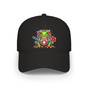 DFIYE Coqui Cap: solid black cap embroidered with a colorful Boricua coqui frog breaking a chain in Puerto Rican flag colors.