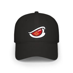 DFIYE Eye Cap: a solid black low-profile cap embroidered front-center with the DFIYE eye - a red iris with a gold Taino spiral inside a bold white-and-black eye shape.