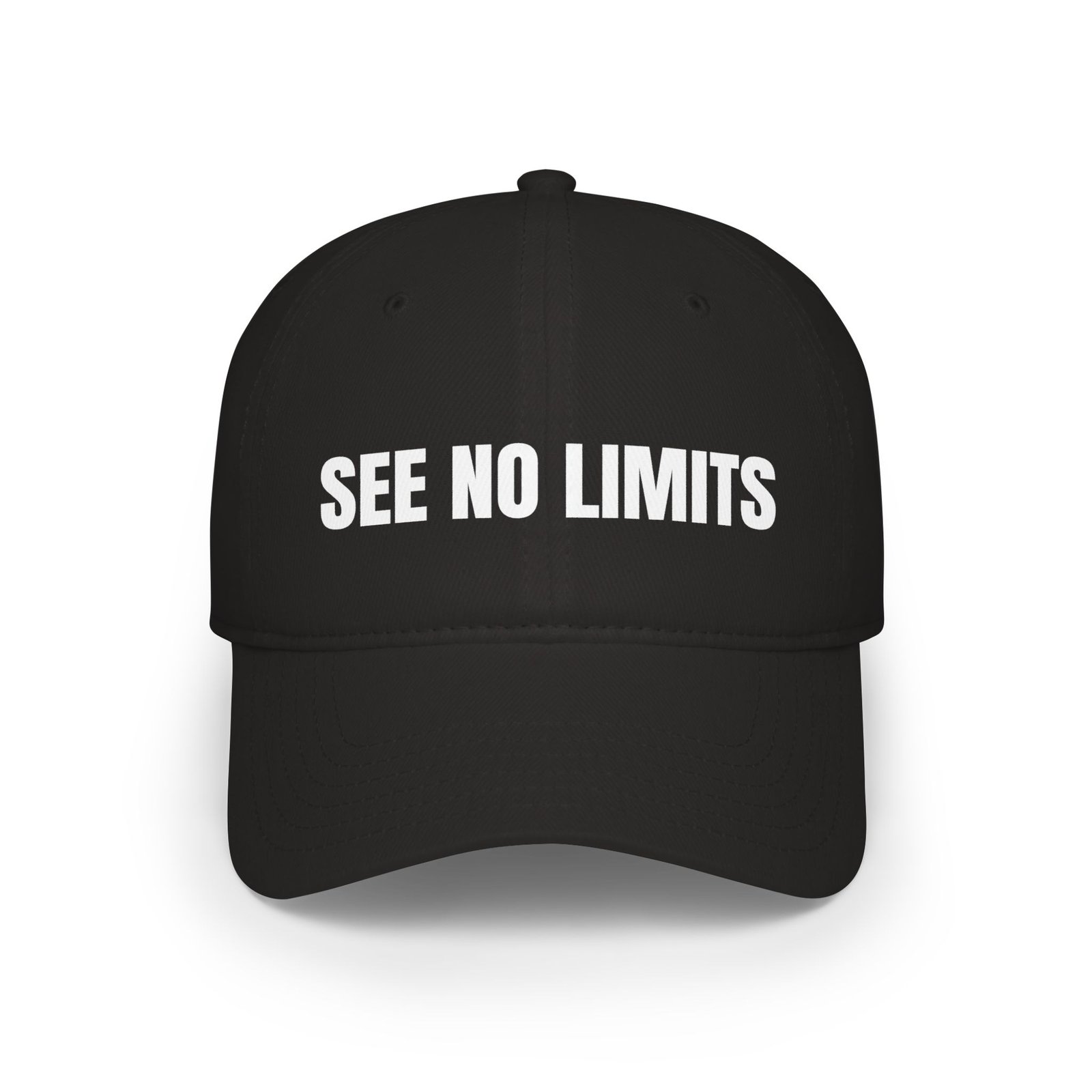 DFIYE See No Limits Cap: solid black cap embroidered with SEE NO LIMITS in bold white.